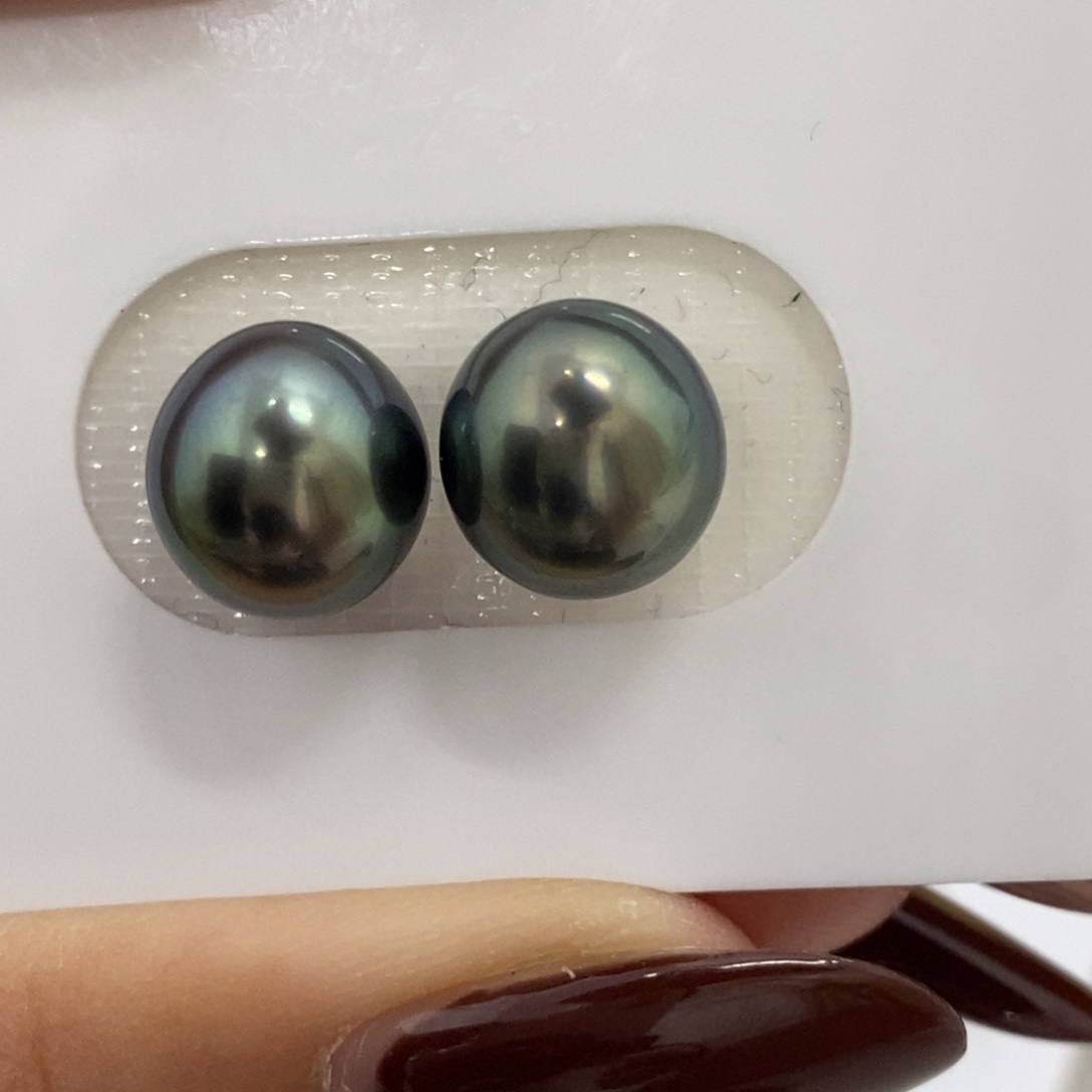 裸珠海水珍珠大溪地孔雀绿微瑕9.9m对珠