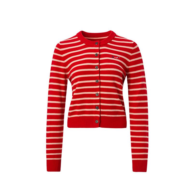 慵懒条纹针织开衫条纹女士圆领针织修身长袖衫格纹