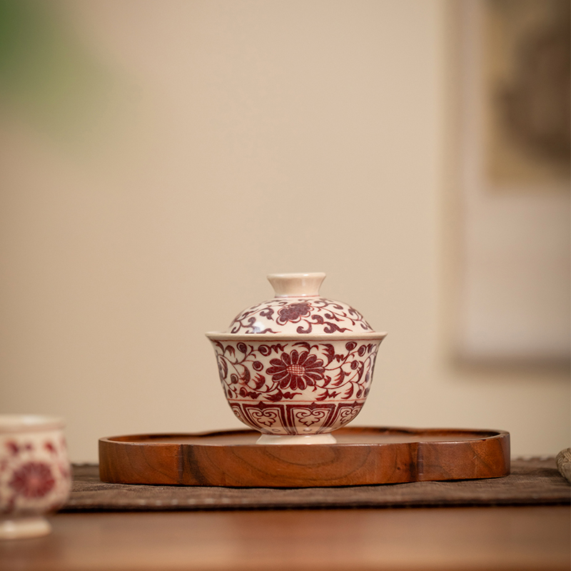 【霖松堂】全釉里红缠枝菊花盖碗| 周大乐优选 | 景德镇陶瓷