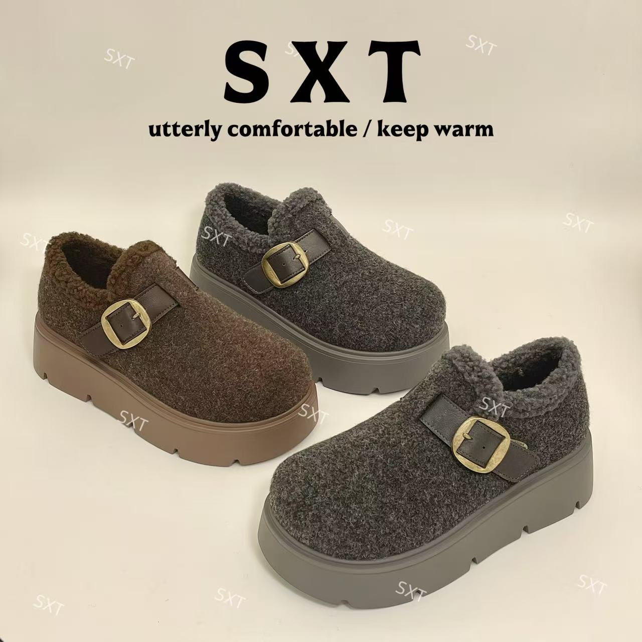 厚底毛呢勃肯鞋女鞋子2025新款一脚蹬乐福棉鞋小个子增高松糕鞋