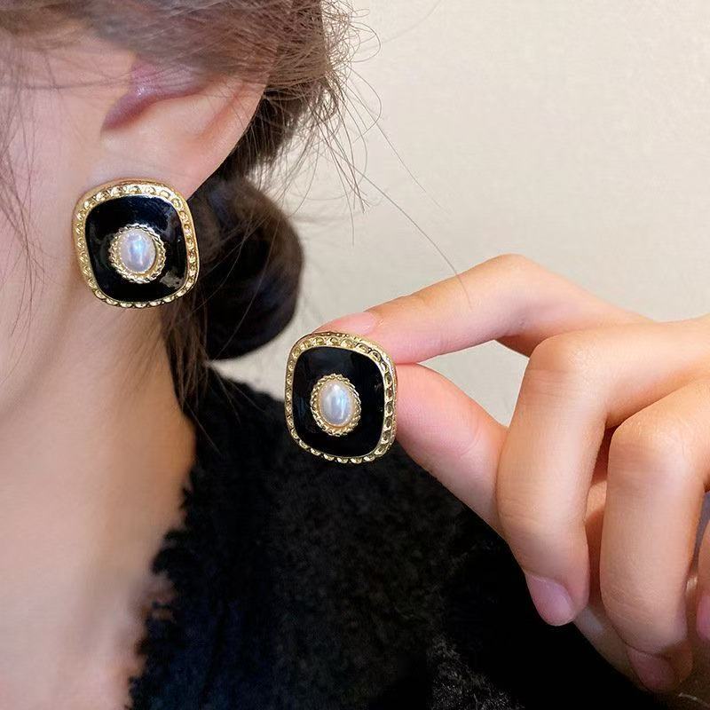 合金耳饰 A071法式轻奢几何方形珍珠耳环女时尚气质名媛耳饰耳钉