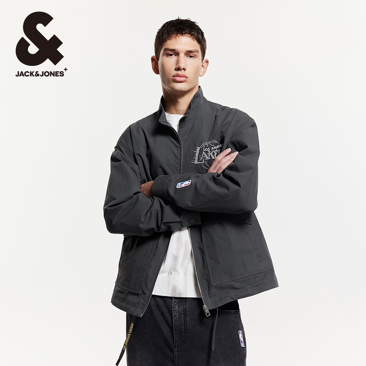 杰克琼斯秋季新款NBA联名湖人队男士美式vintage外套立领运动服