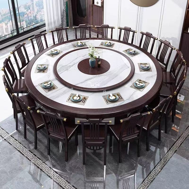实木岩板大圆桌新中式餐桌电磁炉电动转盘餐桌旋转桌面超大客厅