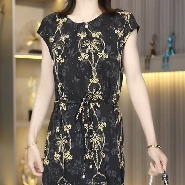 夏季新款气质优雅连衣裙圆领时尚花色宽松显瘦女I减龄中长款A裙子