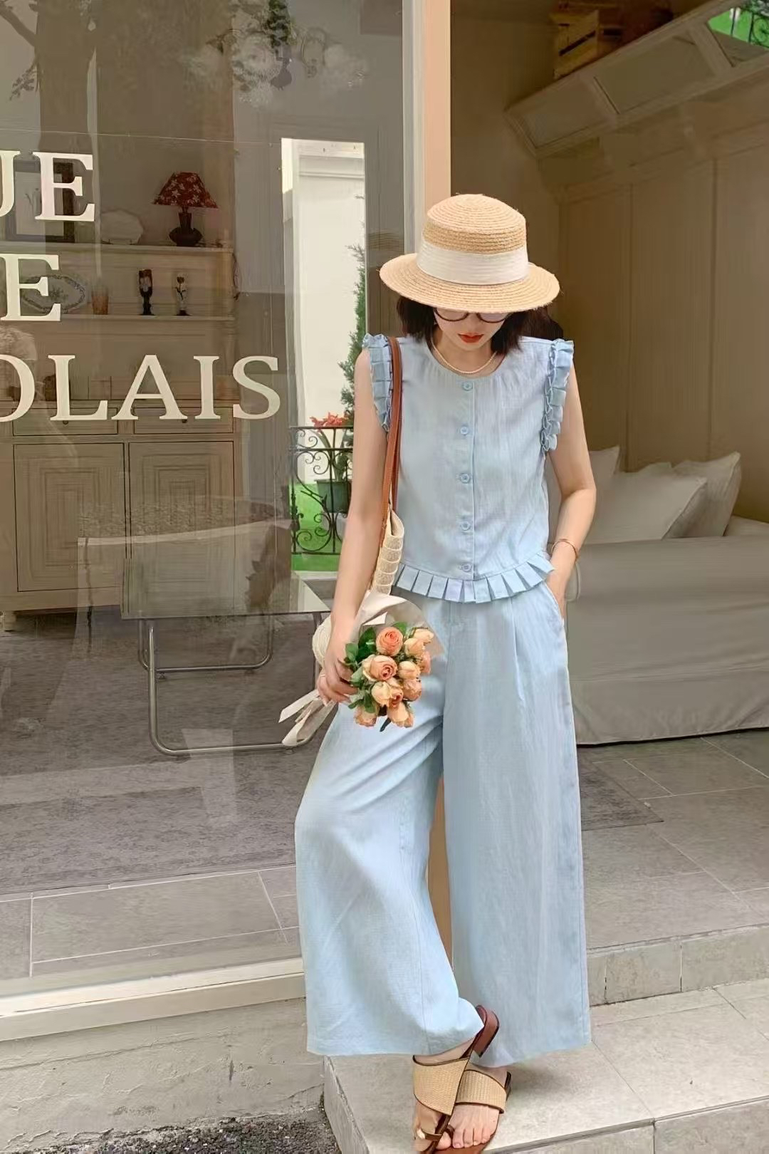 【8857】2025夏季新款亚麻原版圆领无袖木耳边马甲搭配高腰阔腿裤女