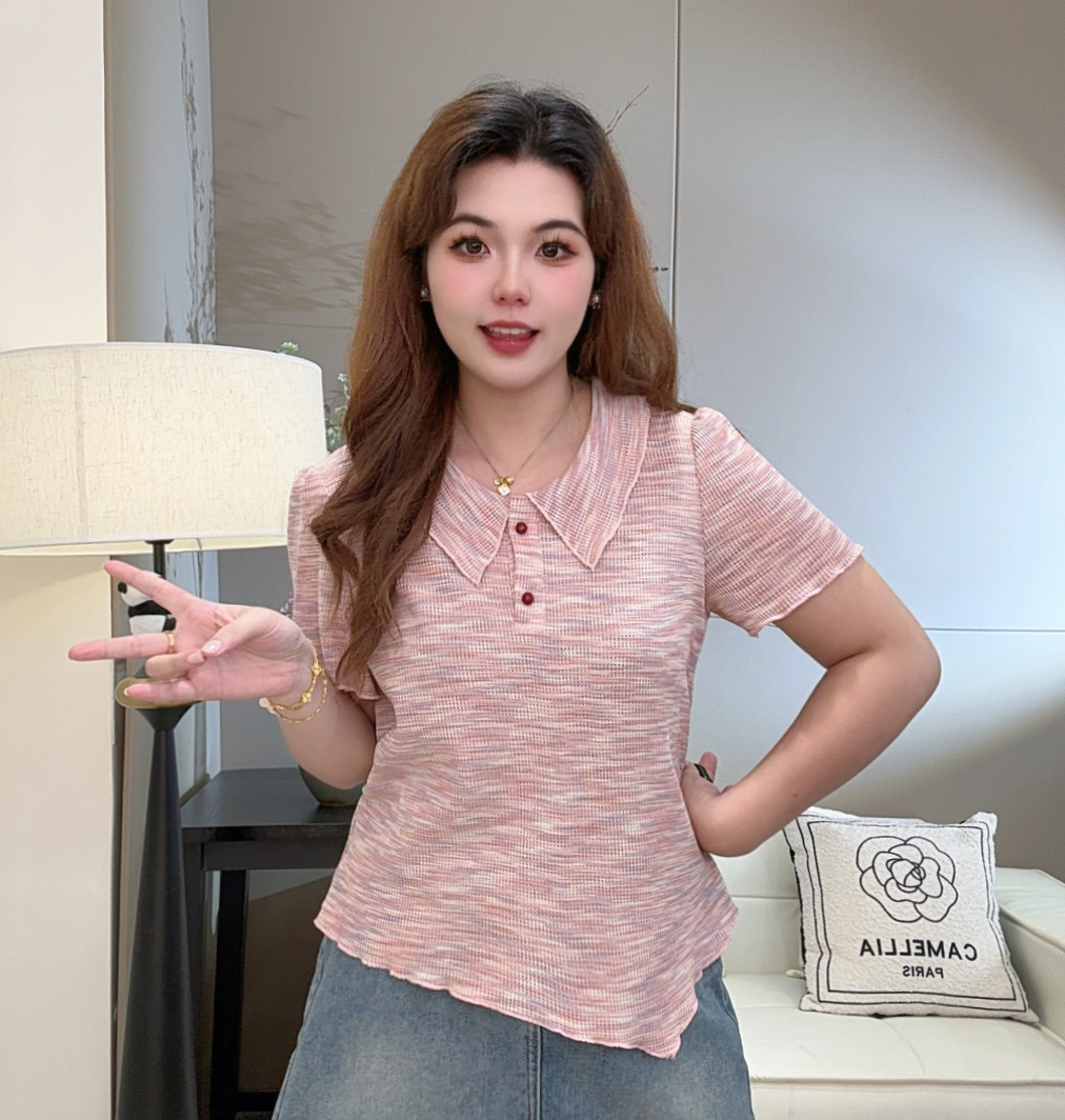 2025夏季新款彩色条纹Polo领短袖T恤女下摆不规则显瘦上衣