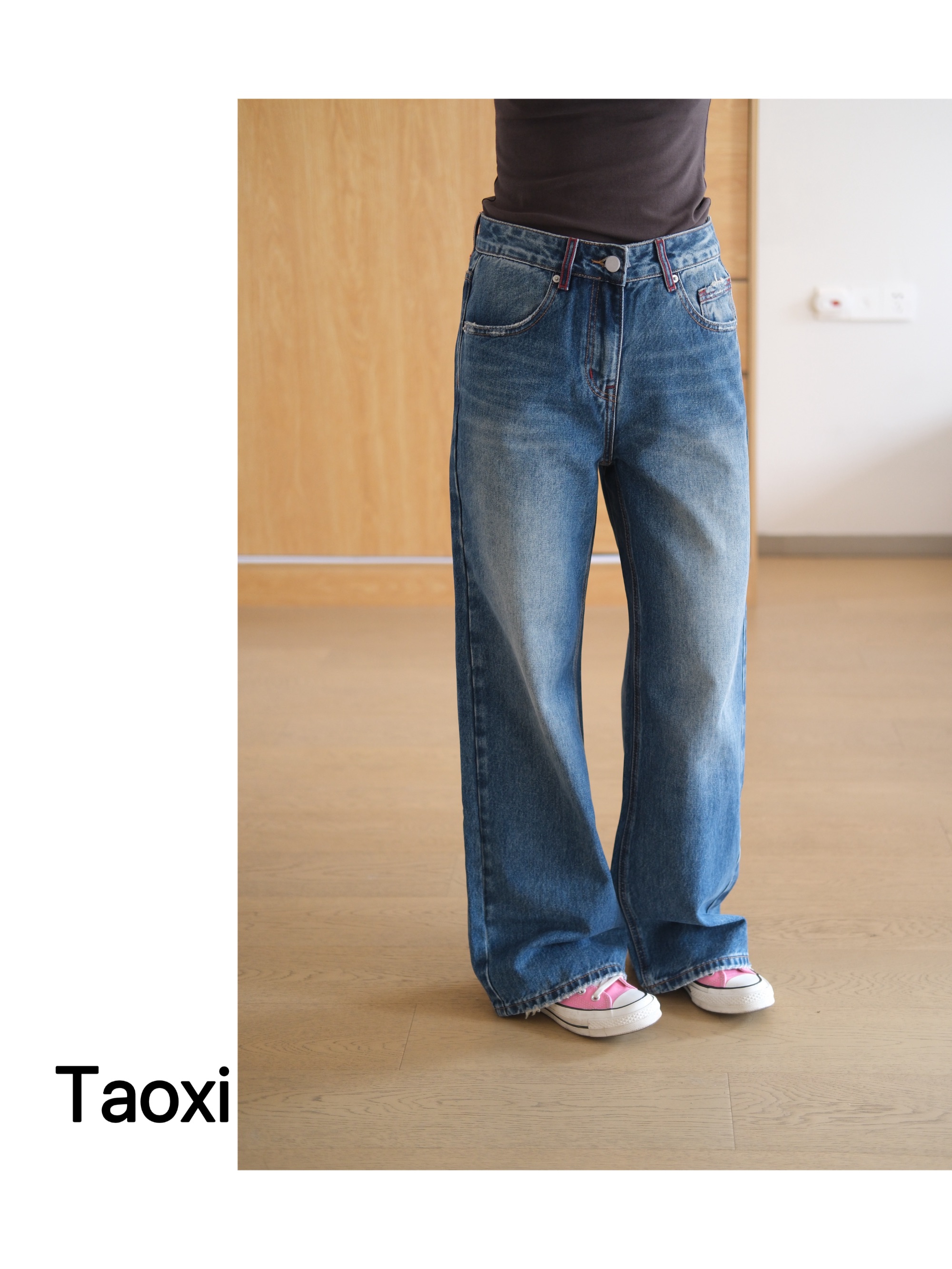 Taoxi【萄禧86401】秋冬超火蓝色高腰阔腿拖地牛仔裤宽松时尚显瘦