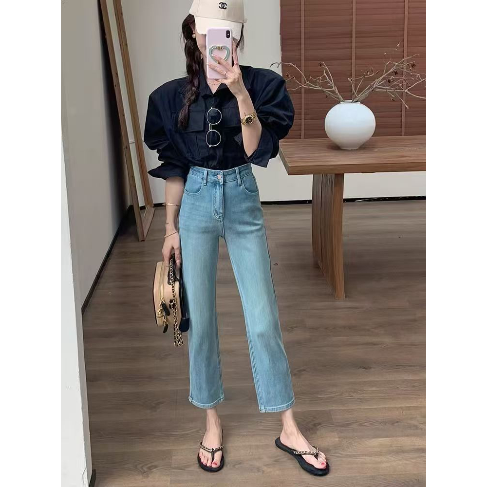 加绒-编号047-100牛仔裤小个子9分秋冬烟筒裤女直筒裤蓝色牛仔裤