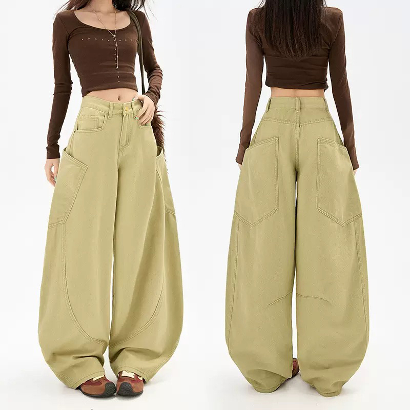 【悦己】卡其色美式复古工装弯刀牛仔裤女高腰宽松阔腿长裤子