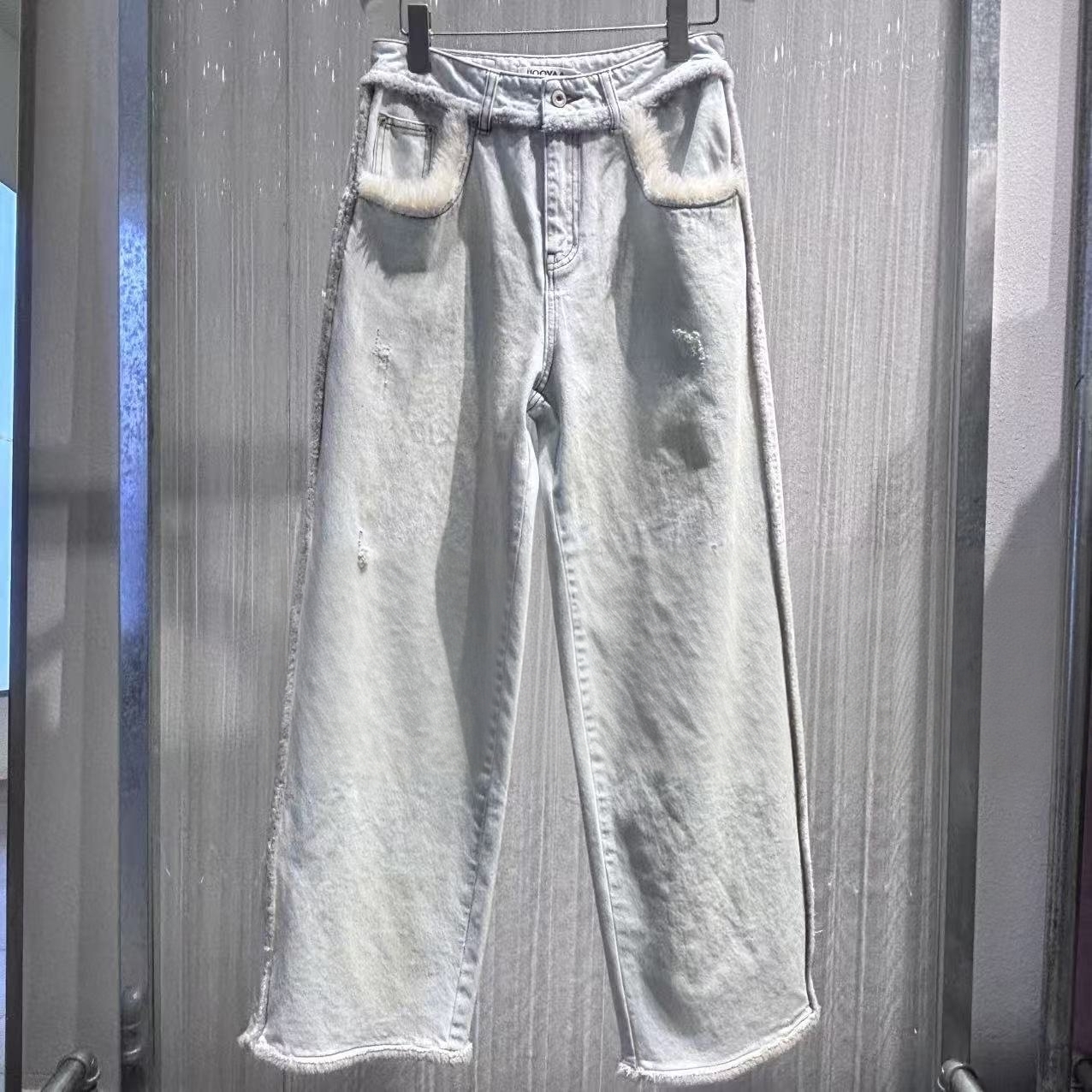 现货【丫亲妈毛边牛仔裤】小众设计奇幻精灵毛绒边水洗直筒裤