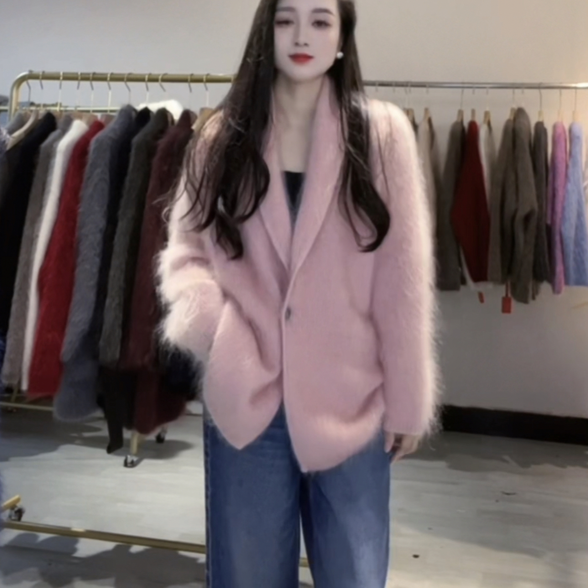 中古】纯幼马海 西装翻领开衫毛衣