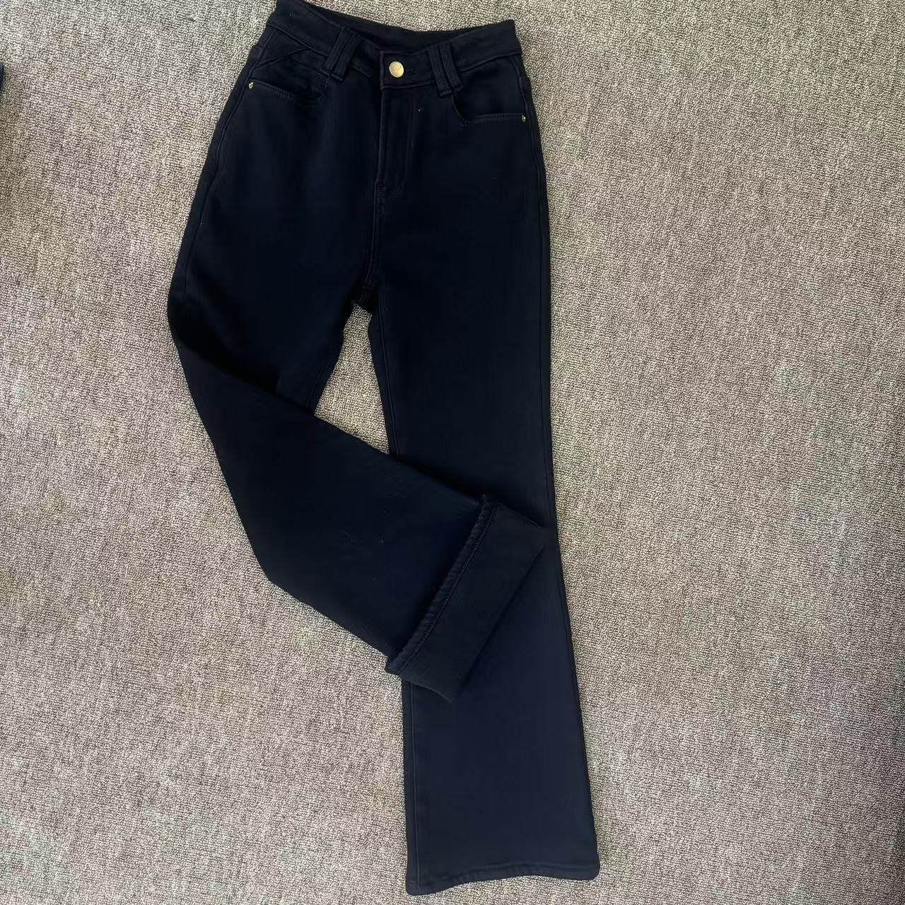 【加绒】筒叭裤秋冬波尔多蓝糯米牛仔四面弹中高腰腰筒牛仔裤