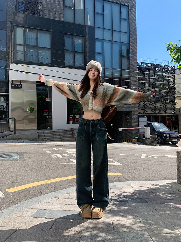 【木木夕】2025春季新款可卡拉蓝弹力美式复古宽松垂感拖地牛仔裤女