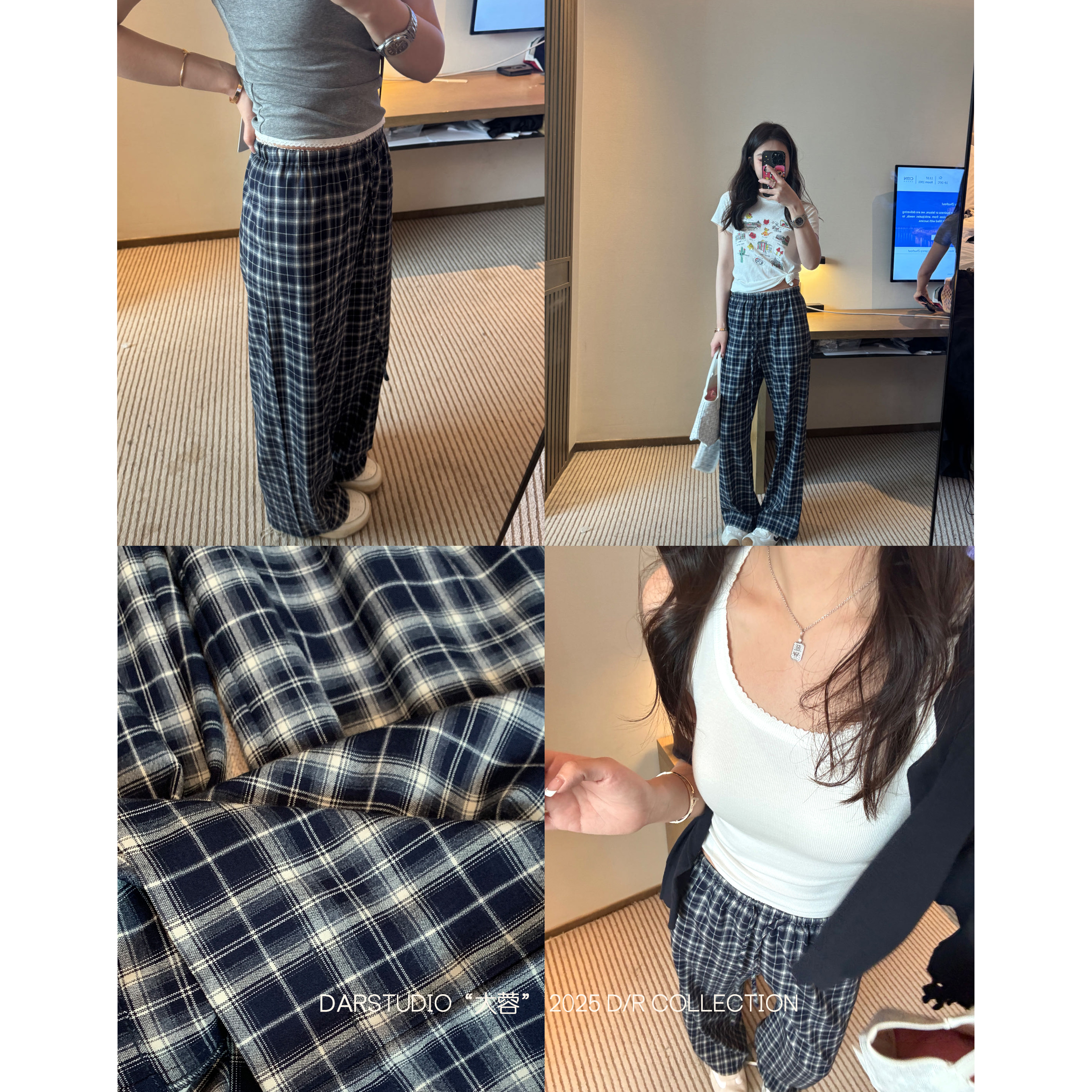DAR STUDIO 深圳货【藏蓝格】2025春夏新款时尚松紧格子休闲裤88398