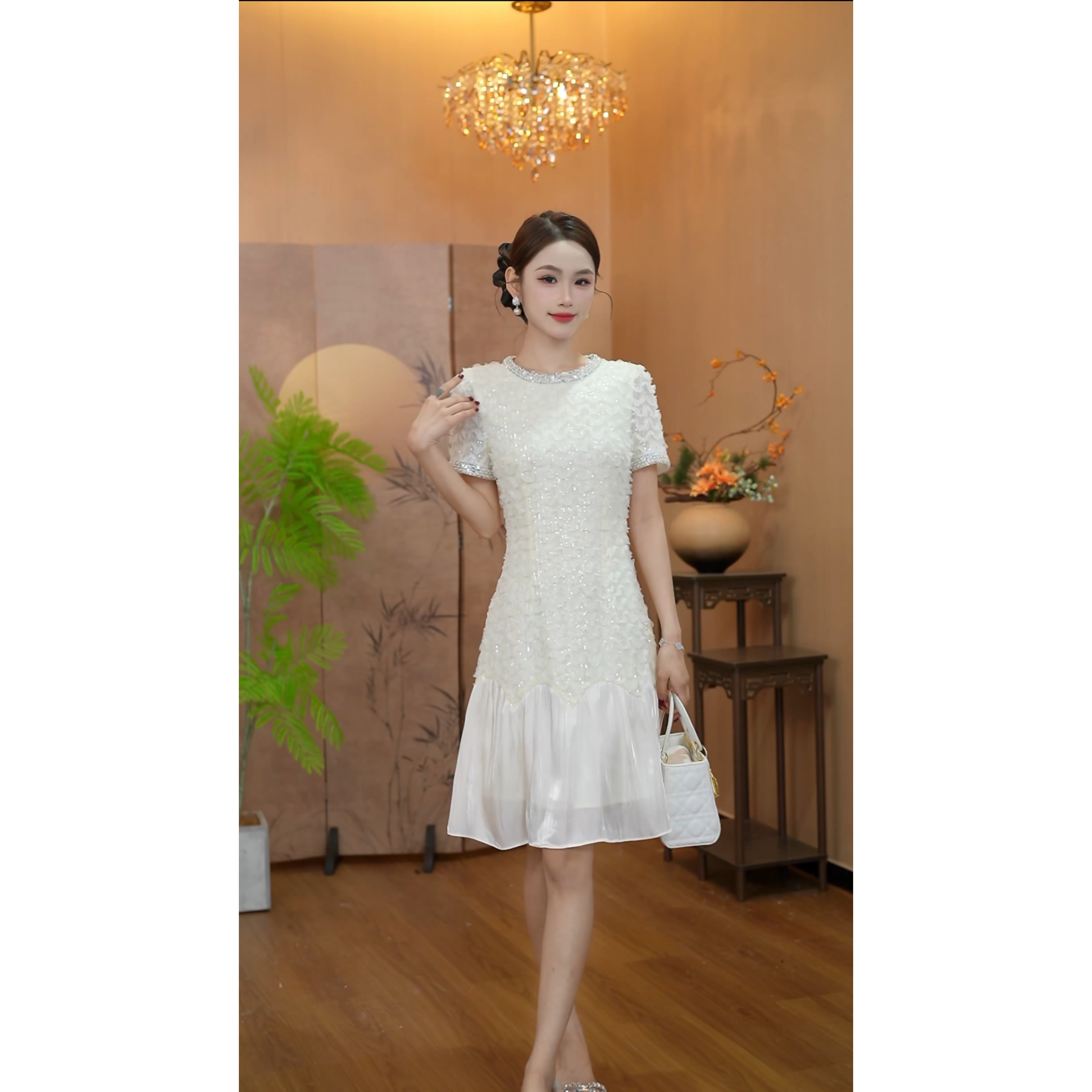 3517法式白色连衣裙2025新款气质修身显瘦中长款鱼尾裙子QH