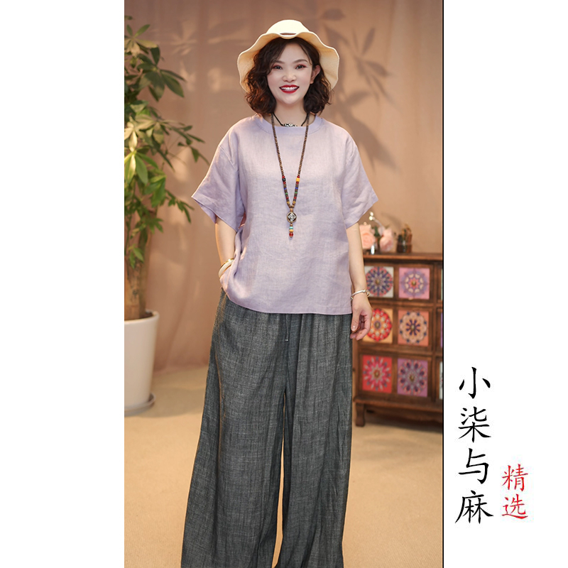 【小柒与麻】100%高品质松紧螺纹领口亚麻小衫（衣长60-65胸围120）