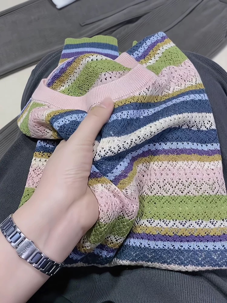 欧货2025夏季新款彩虹镂空宽松短袖t恤小众穿搭薄款上衣女装1347