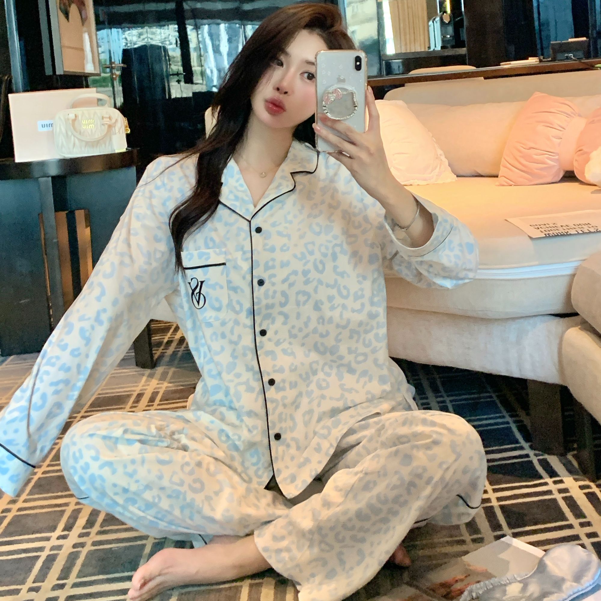 睡衣女长袖长裤春秋冬薄款可爱豹纹印花家居服套装2025新款