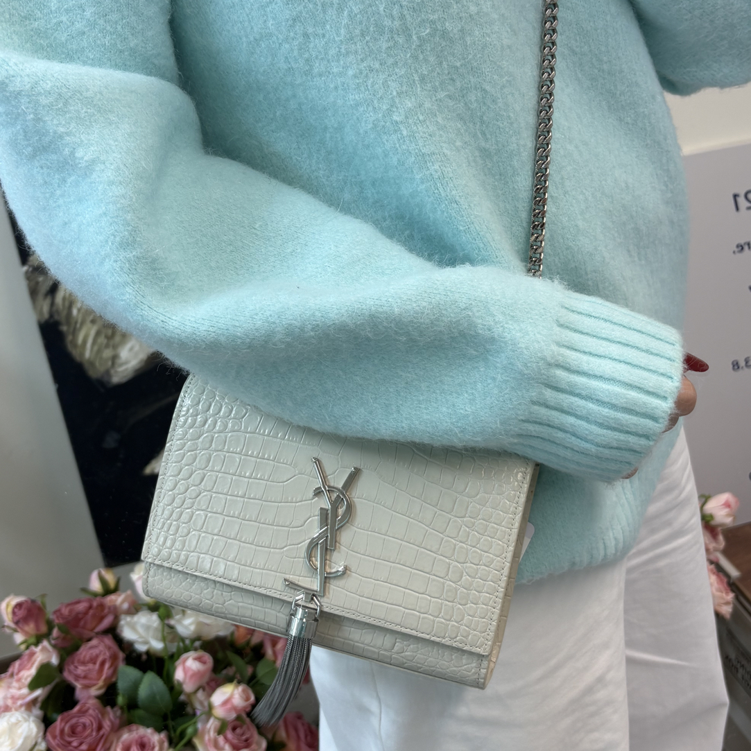 95新 YSL/圣罗兰 白色压鳄流苏链条单肩斜挎包