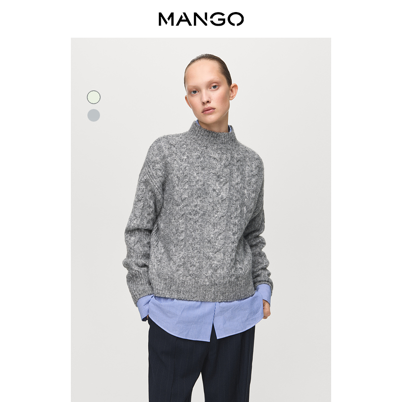MANGO女装毛针织衫2025冬装新款休闲百搭半高领绞花套头毛衣