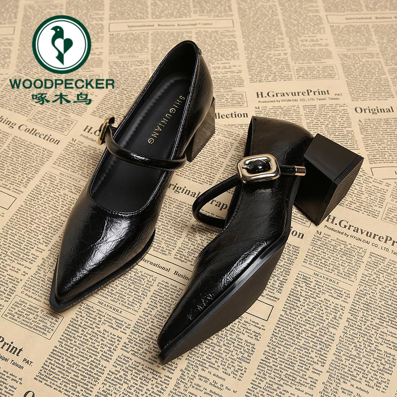 啄木鸟法式时尚气质尖头玛丽珍单鞋女2025秋季百搭粗跟晚晚高跟鞋