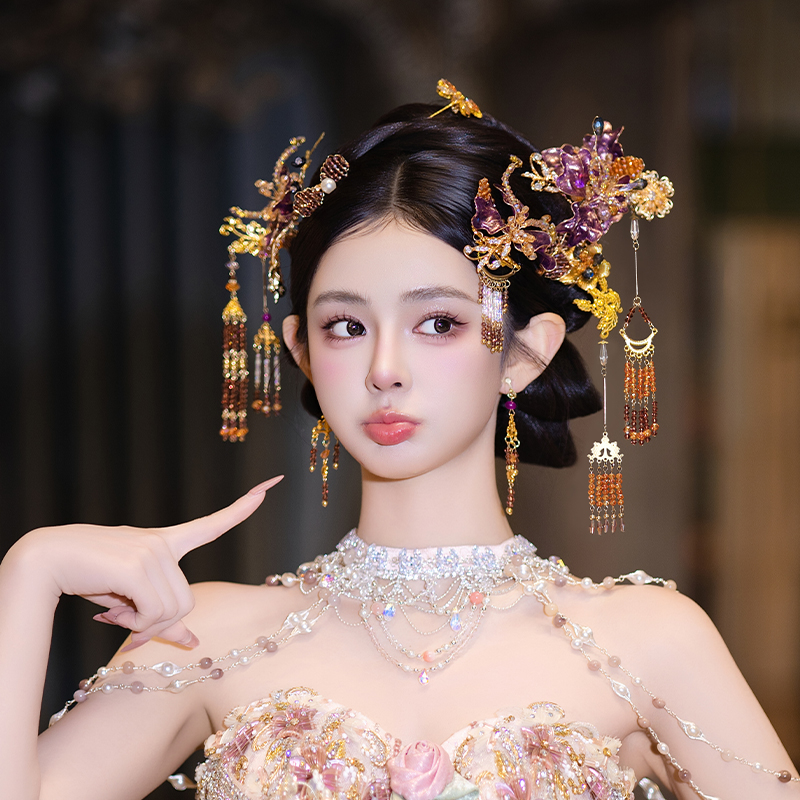 合金婚庆饰品 新娘婚礼紫色古风减龄中式秀禾汉服古装配饰品D0513