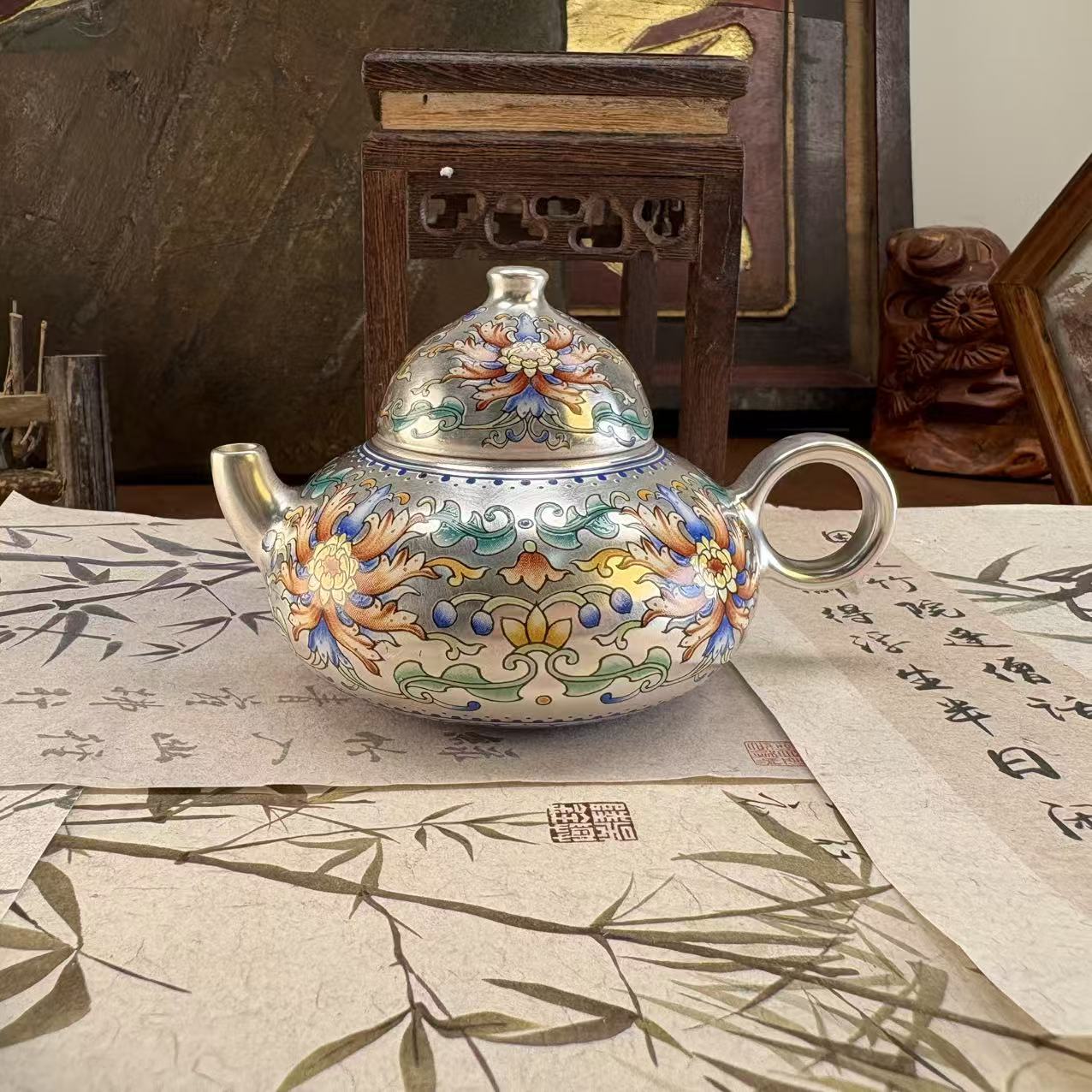 宝相斗彩扁腹银壶-3153-直播专享