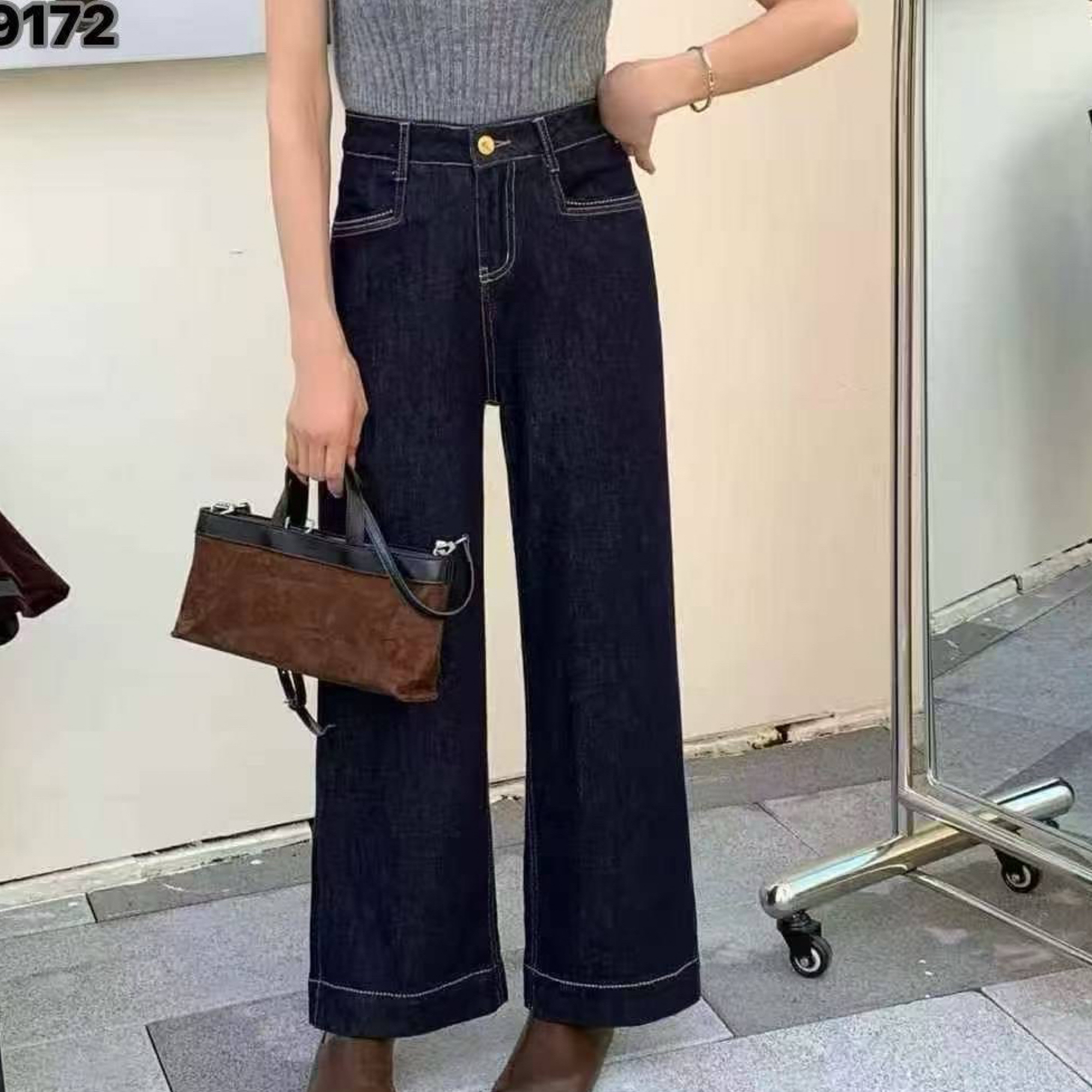 9172秋季新款丹宁蓝高腰显瘦垂感小个子直筒阔腿牛仔裤女