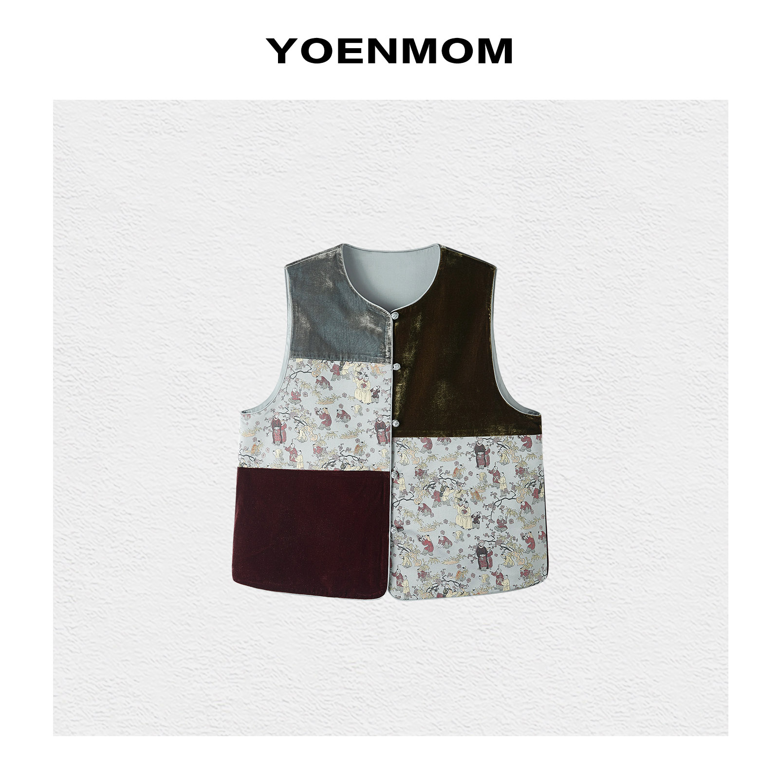 YOENMOM·嬉戏百子·100桑蚕S丝绒拼接设计感中式马甲