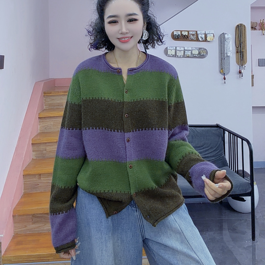 琦琦家  配色洋气软糯质感圆领拼接开衫毛衣