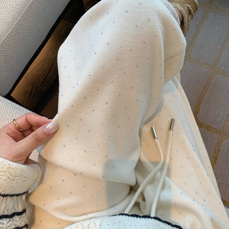 重工烫钻加绒加厚糯米阔腿裤女秋冬季高腰垂感休闲卫裤直筒毛巾裤