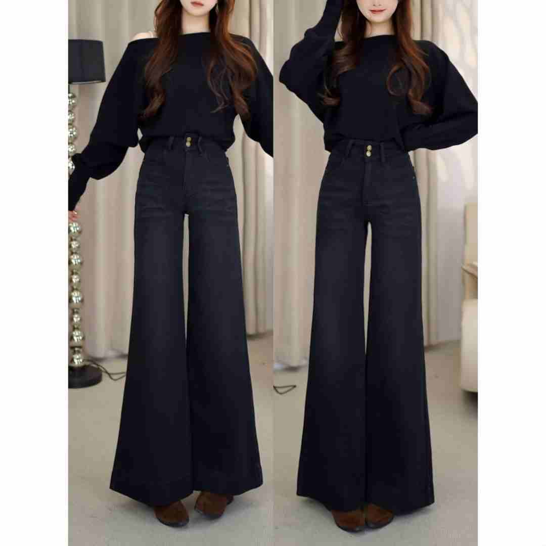 冬季高腰软糯百搭显瘦加绒牛仔裤女猫爪水洗慵懒风直筒微喇叭裤