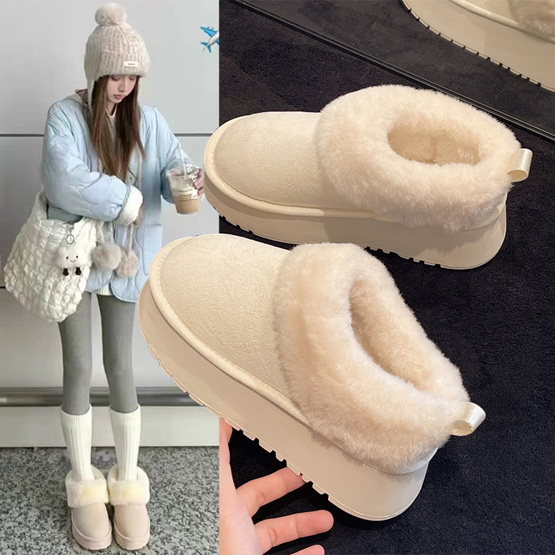 厚底白色雪地靴女款2025新款冬季加绒保暖棉鞋一脚蹬低帮棉拖鞋子