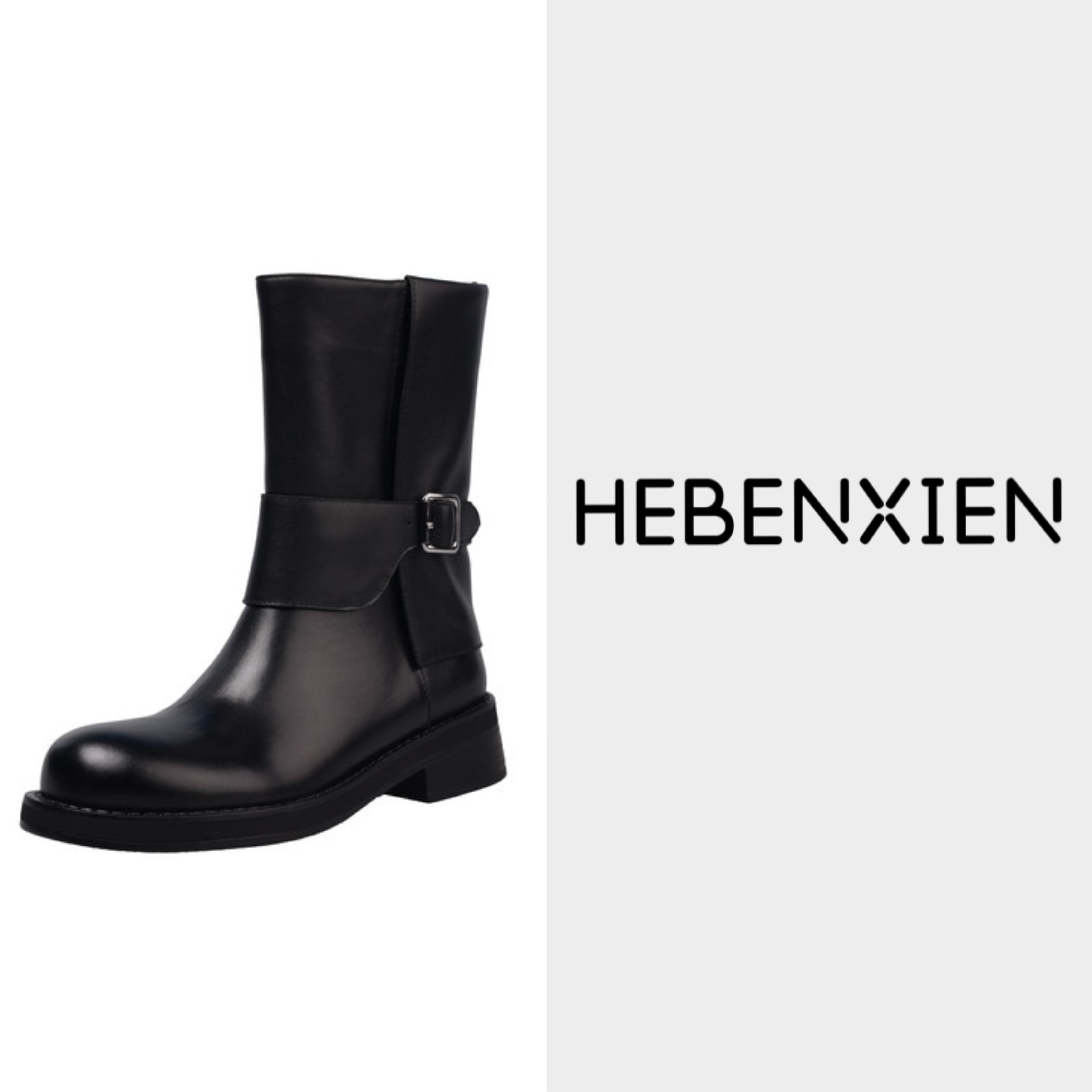 HEBENXIEN手工小众时装靴粗跟靴百搭英伦风圆头中筒靴黑色马丁靴
