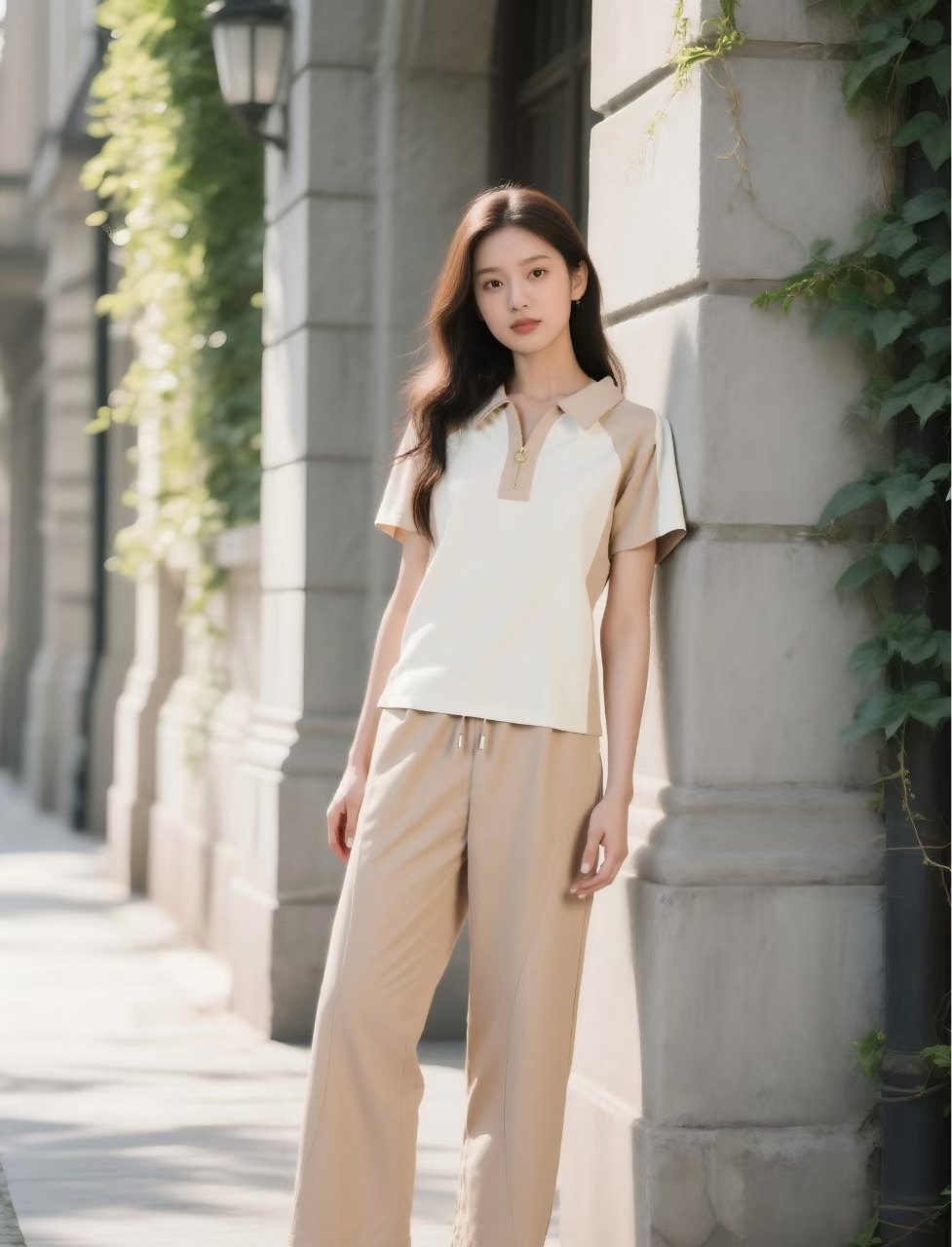 1123-虞墨撞色拼接短袖体恤阔腿裤百搭通勤女装套装