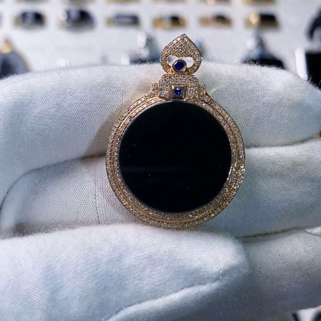 定制翡翠18K金镶嵌墨翠圆牌吊坠