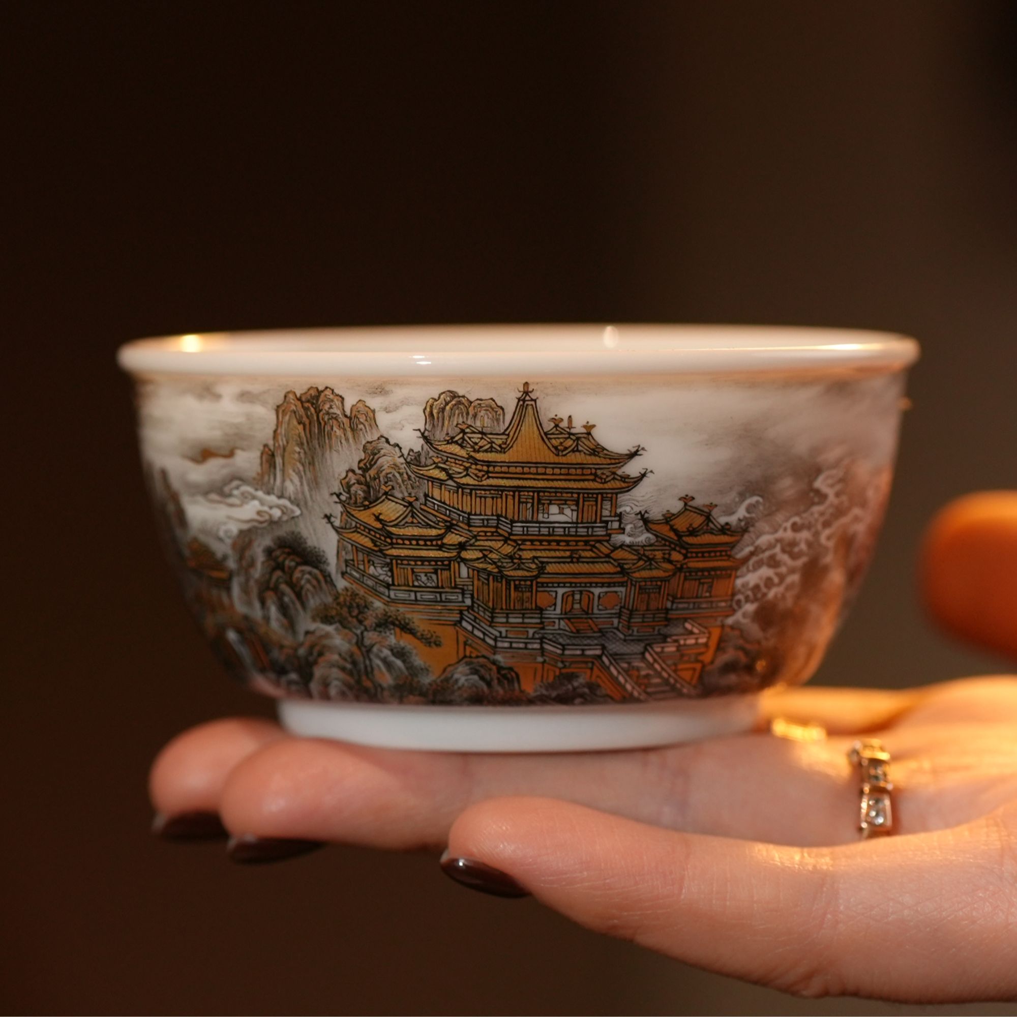 艺林堂墨彩山水楼阁山有溟圆月杯内外绘顶奢纯手工陶瓷主人杯茶具