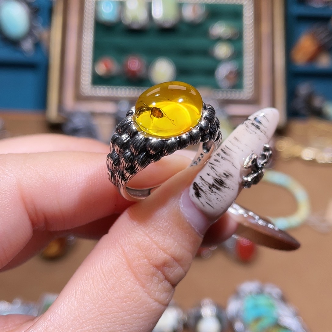 琥珀银S925镶嵌戒指戒指