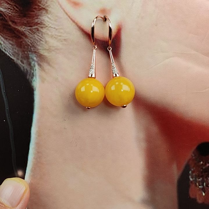 琥珀耳饰银S925镀金镶嵌