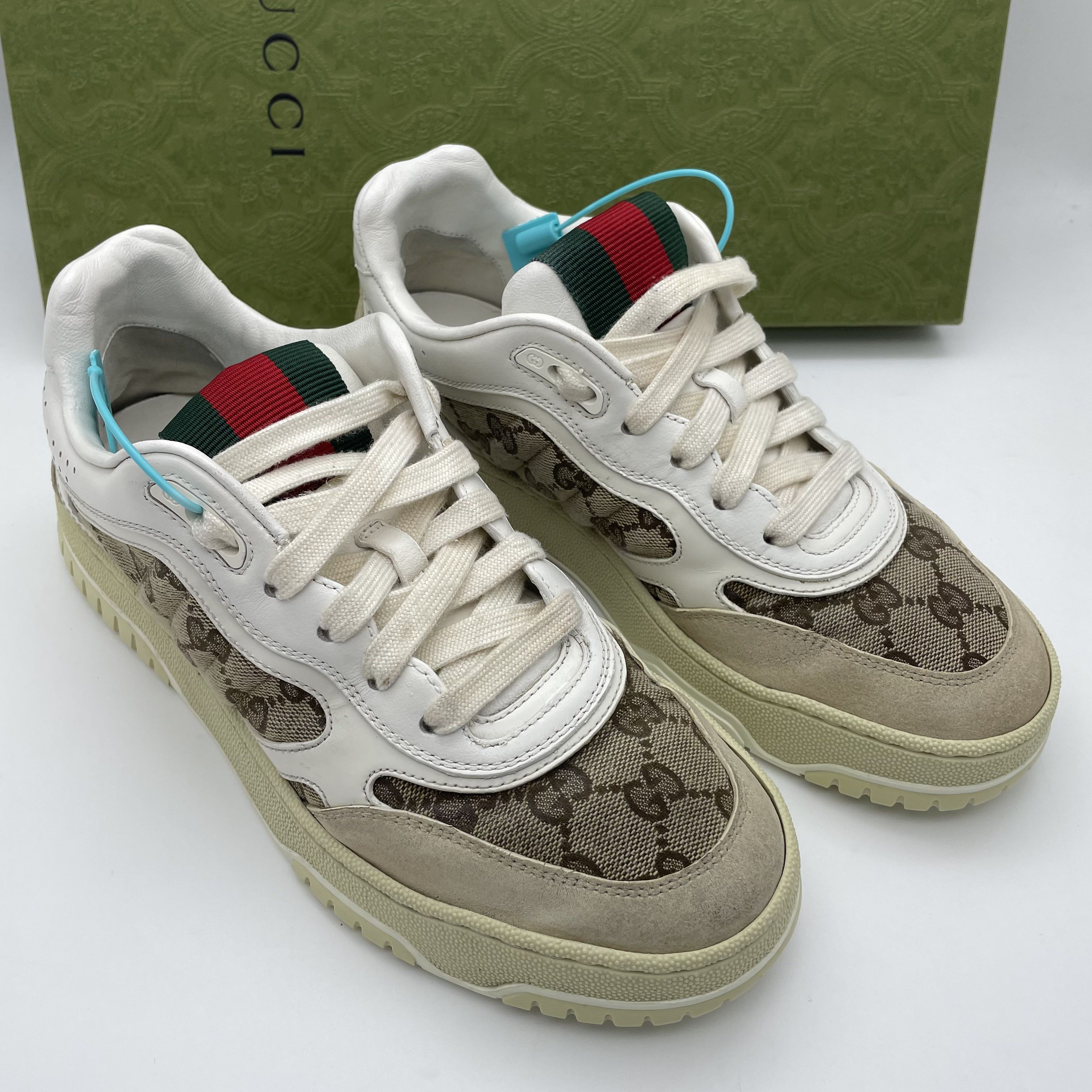 95新 GUCCI/古驰 38欧码/乌木色双G老花Re-Web系列板鞋