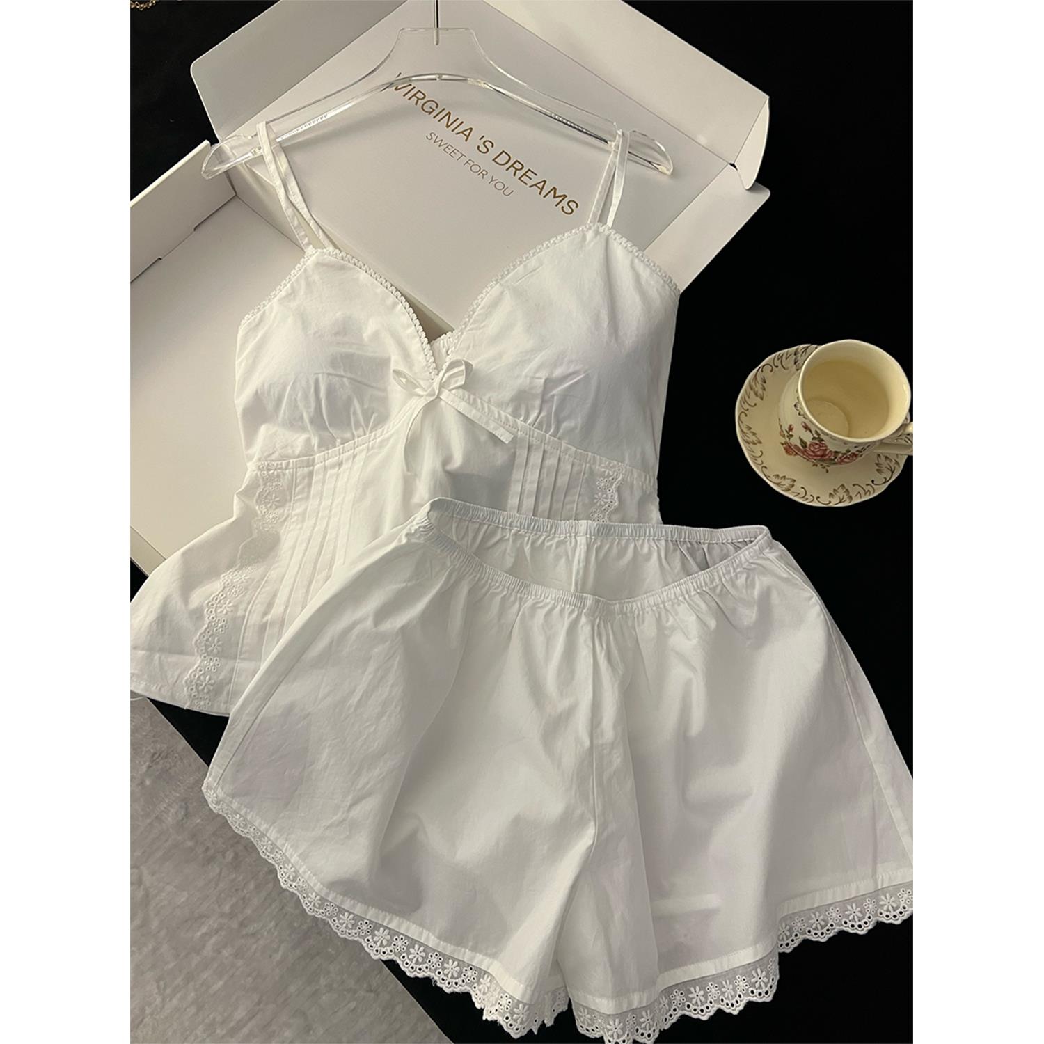 夏日高级纯欲风吊带睡衣女2025新款性感蝴蝶结蕾丝花边家居服套装