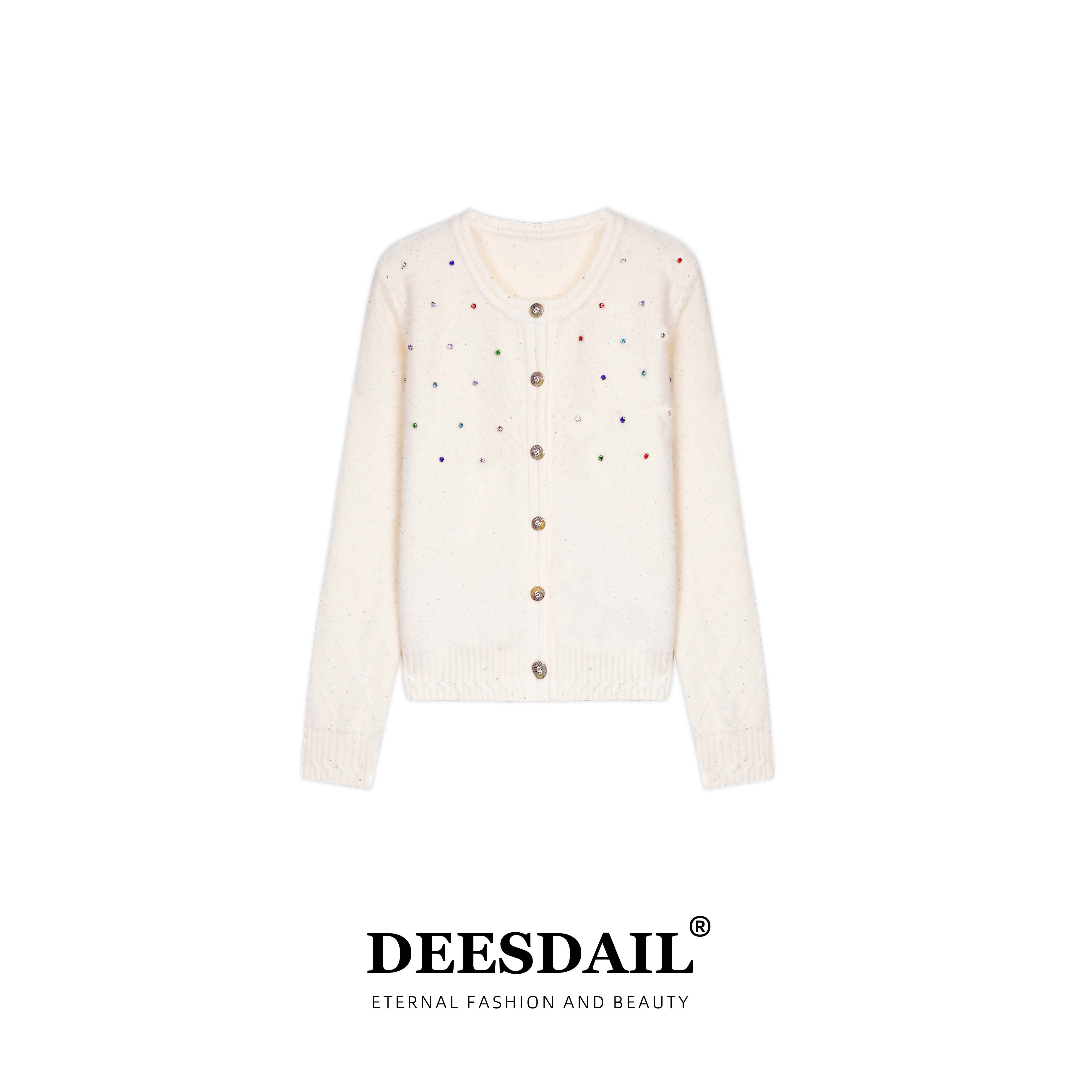 Deesdail冬长袖白色钉珠开衫毛衣显瘦百搭知性针织衫女A548/A551