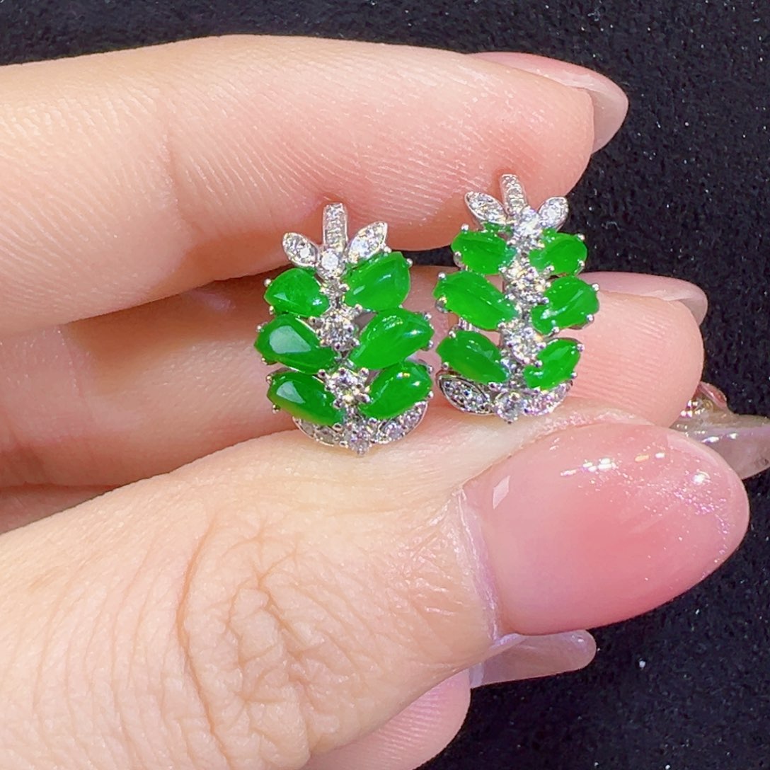 翡翠耳饰18K金镶嵌叶子