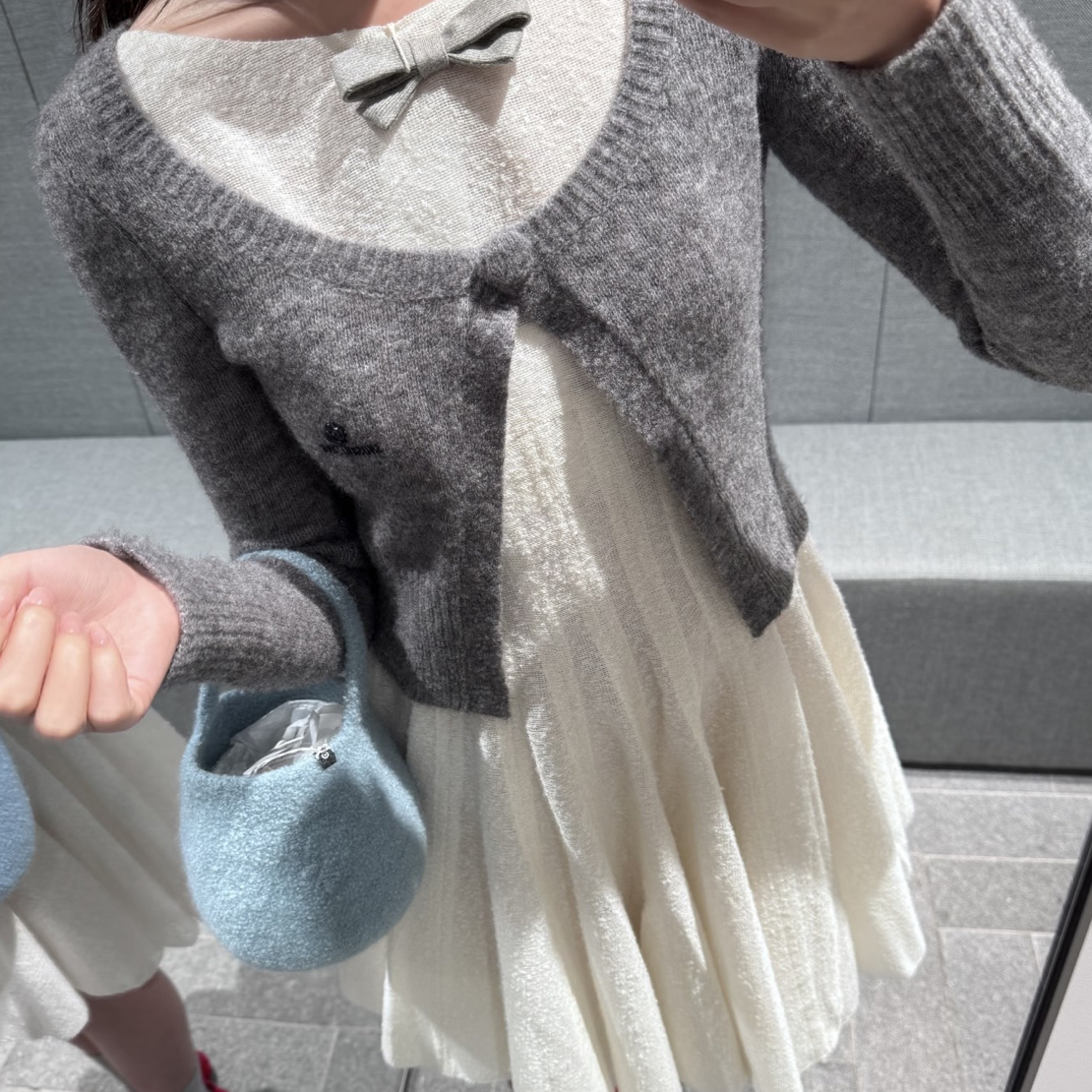 【lunan】秋冬甜美温柔风收腰无袖叠穿蝴蝶结装饰针织连衣裙