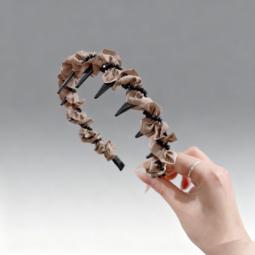 高级感赫本风褶皱串珠发箍带齿梳高颅顶头箍3556