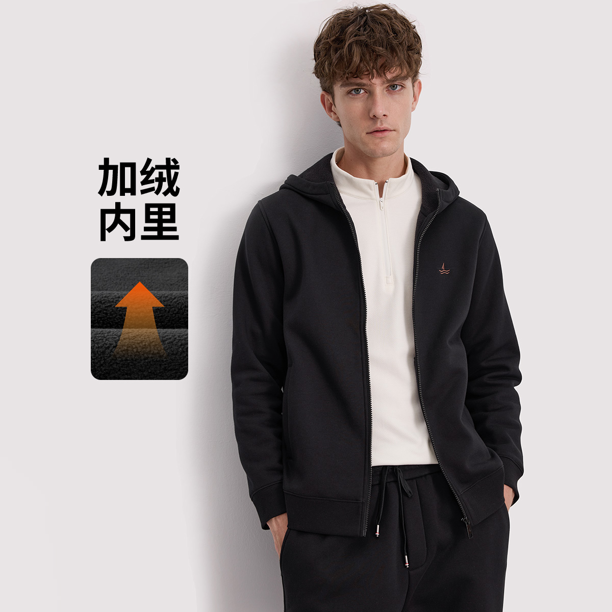 [加绒保暖]navigare意大利小帆船户外运动连帽卫衣男拉链开衫外套