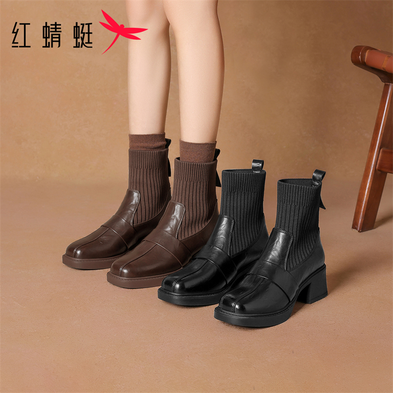 红蜻蜓女式时尚休闲百搭英伦风冬季舒适加绒保暖圆头套脚时装靴