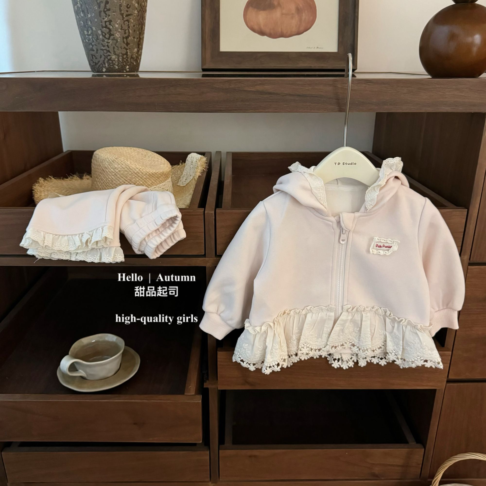 【甜品起司】超甜！韩系女宝宝花边连帽卫衣外套粉色微喇裤洋气套装