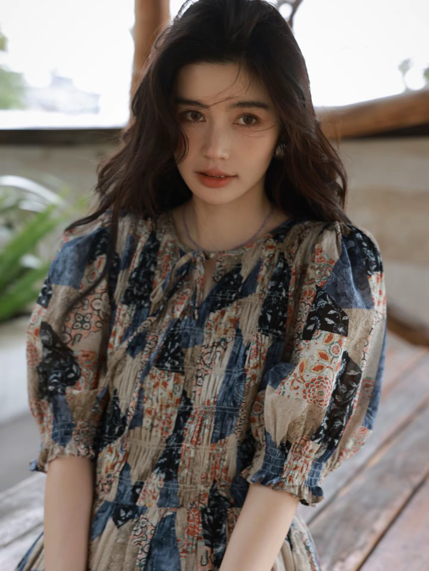 秋屿moment 自制 春夏复古休闲不规则印花碎花连衣裙