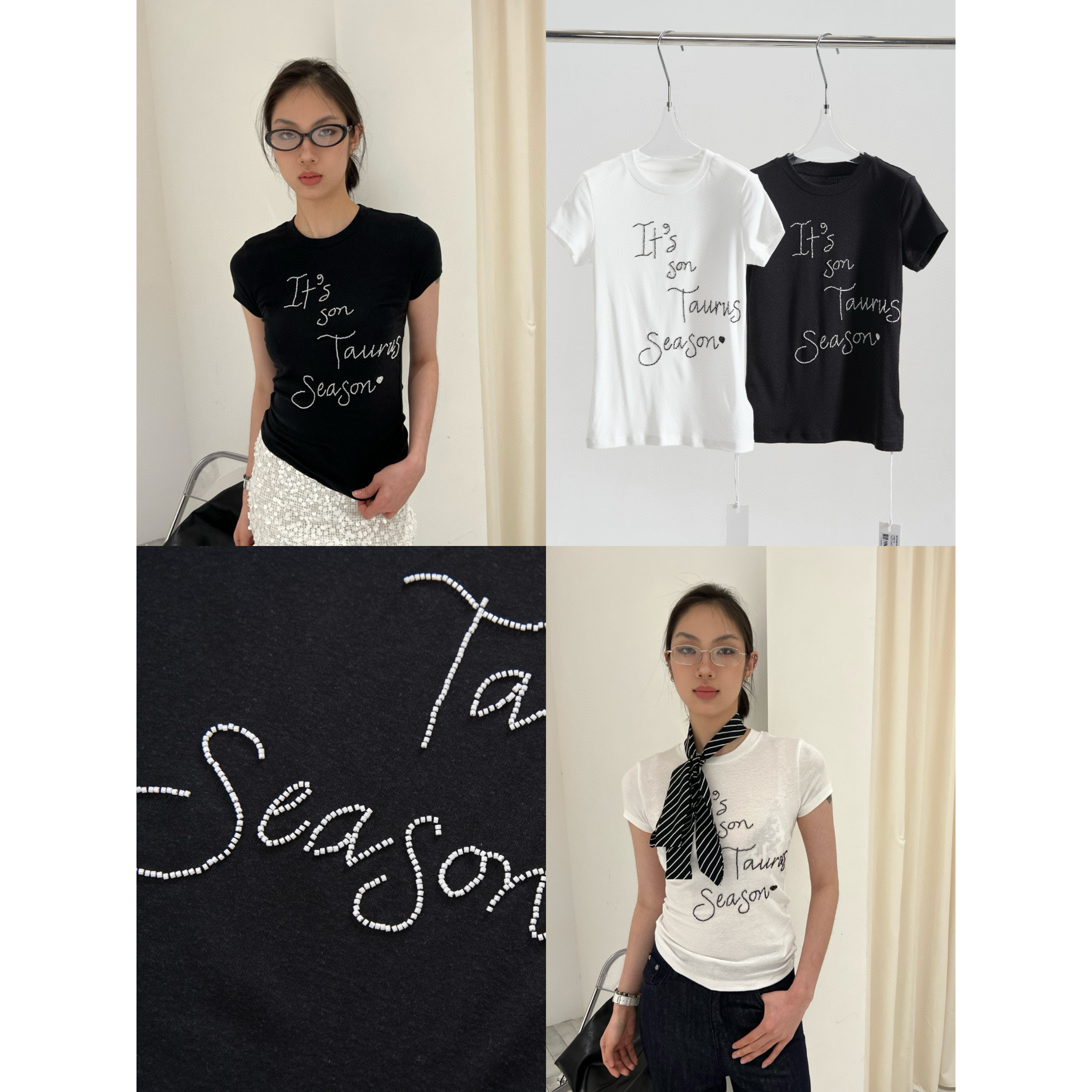 梵丨修身显瘦字母涂鸦立体钉珠刺绣花圆领辣妹正肩洋气衣服女